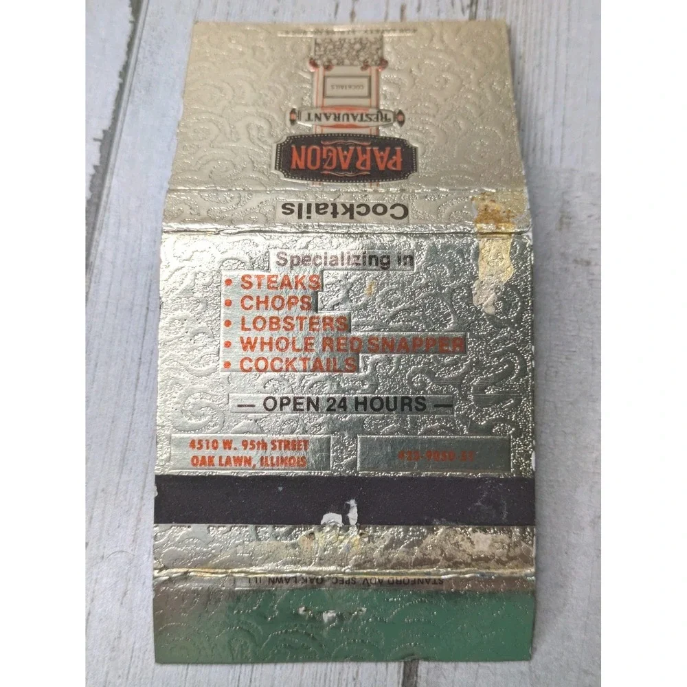 Vintage Matchbook Cover Paragon Restaurant‎ Cocktails Oak Lawn, Illinois
